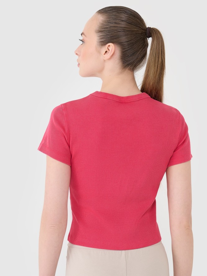 4F T-shirt slim z prążkowanej dzianiny damski - różowy XS