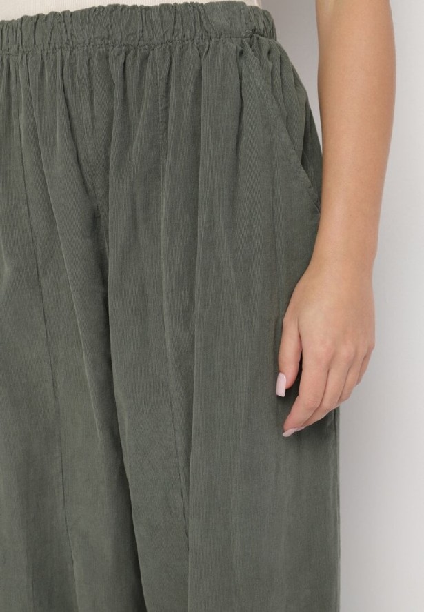Ciemnozielone Szerokie Spodnie z Bawełny z Wysokim Stanem Florili