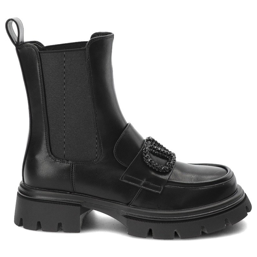 Czarne Botki S.Barski Wsuwane Obuwie Damskie Z Broszką