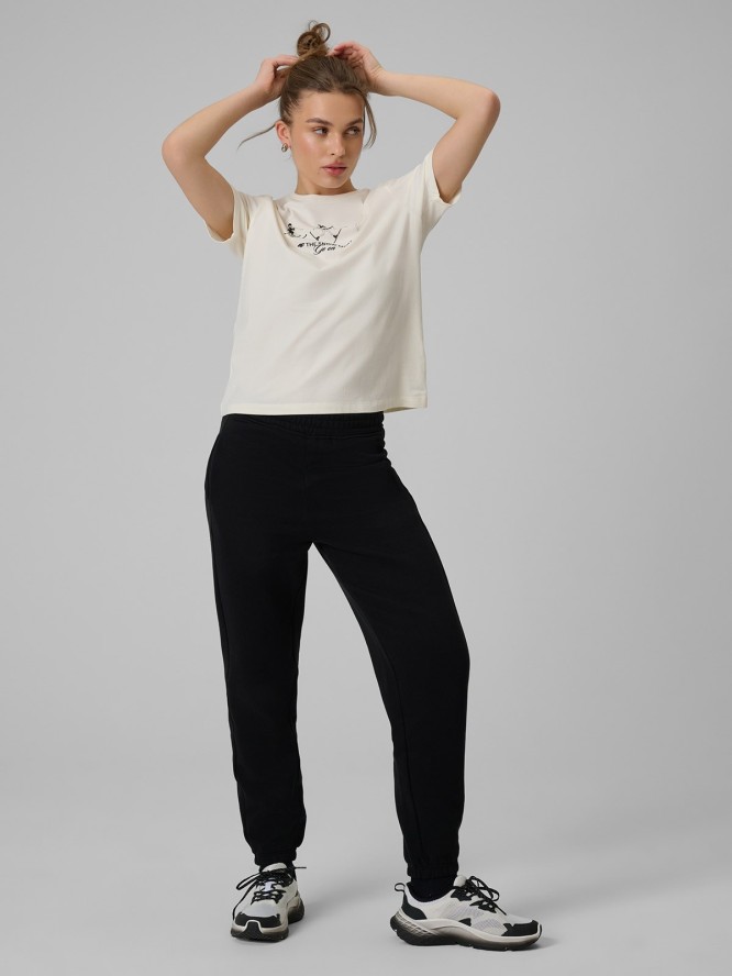 4F T-shirt regular z nadrukiem damski - beżowy S