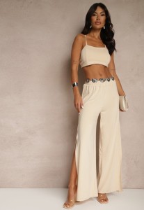 Beżowy Komplet z Wiskozą Wiązany Top i Spodnie o Szerokim Kroju z Rozcięciami Zilavira