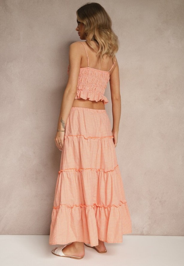 Pomarańczowy Komplet z Bawełny w Kratkę Vichy Top i Spódnica z Falbankami Frosirae