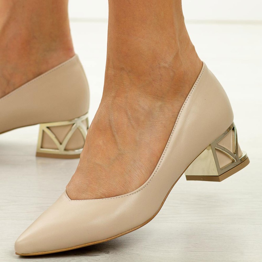 Beżowe s128 skórzane Polskie czółenka damskie na obcasie Prestige 2230