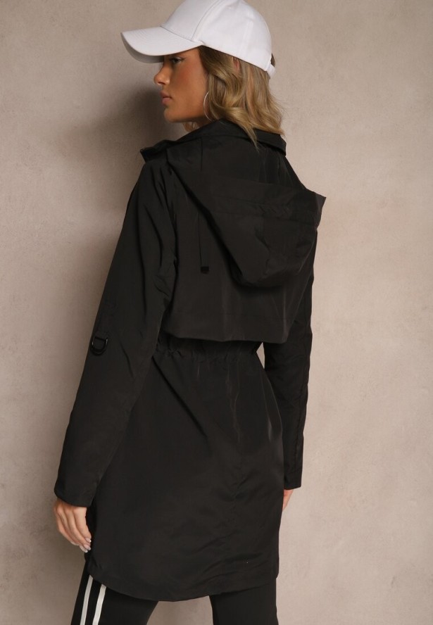 Czarna Kurtka Utility Parka z Odpinanym Kapturem i Wiązaniem w Talii Kalirne