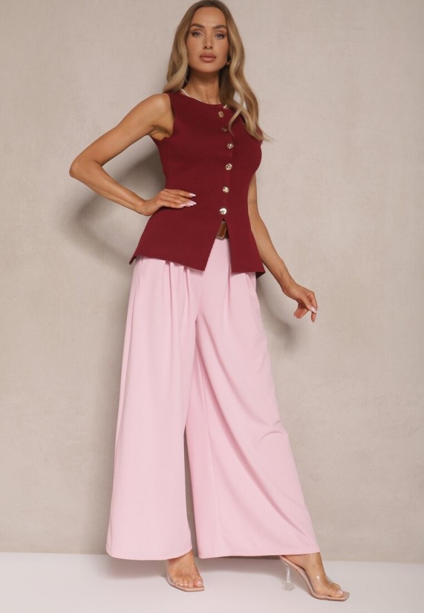 Różowe Spodnie o Szerokim Kroju High Waist Ozdobione Paskiem Rasalle