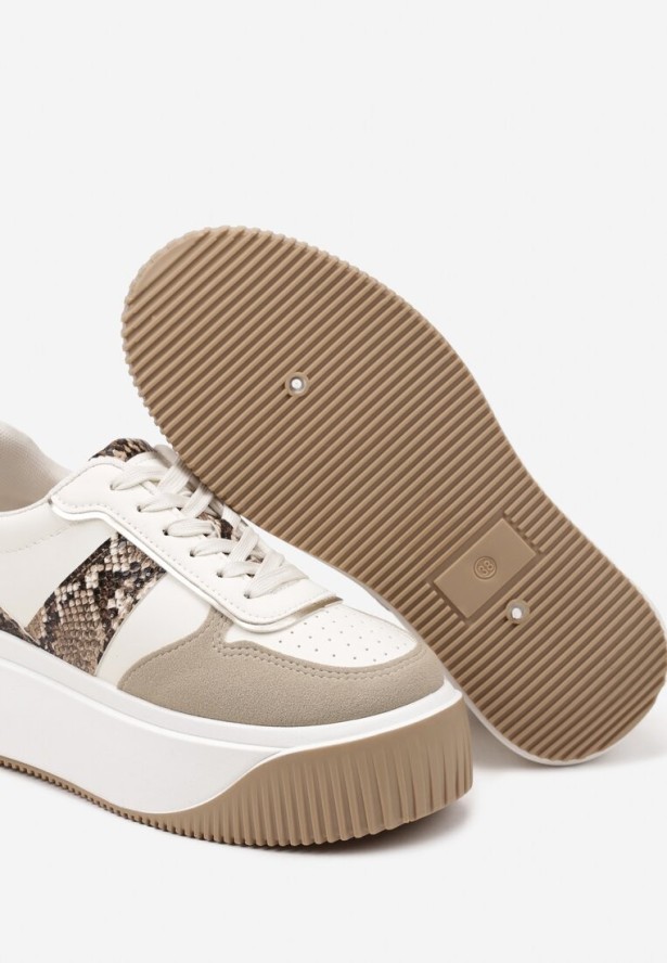 Beżowe Sneakersy na Platformie z Metalicznym Zdobieniem Fonarien
