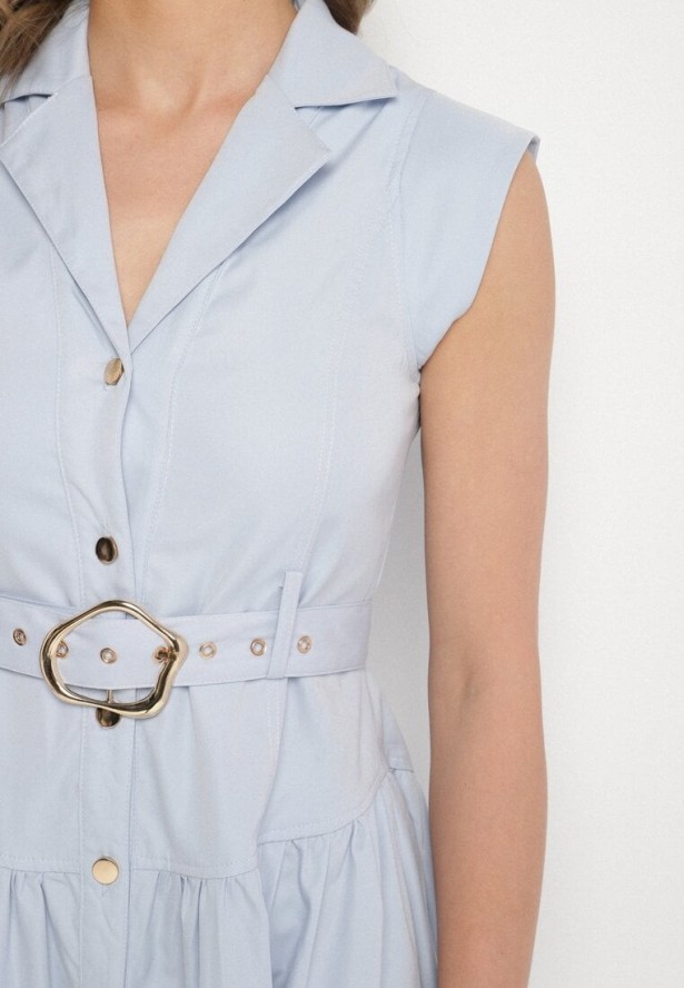 Niebieska Sukienka Koszulowa Ozdobiona Paskiem Devikka