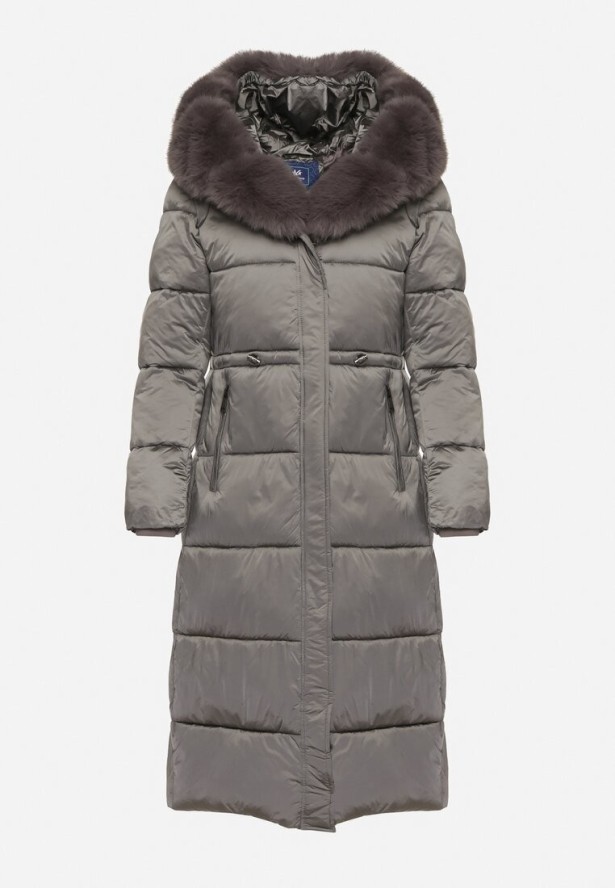 Szara Długa Kurtka Puchowa z Pikowanymi Przeszyciami i Kapturem z Futrem Zevea