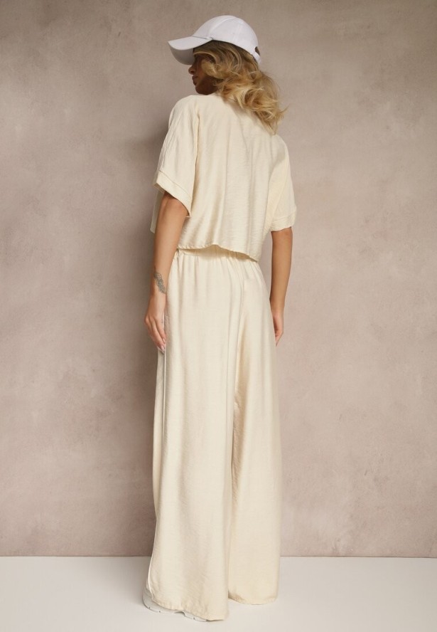 Jasnobeżowy Komplet z Wiskozy Koszula o Krótkim Kroju i Szerokie Spodnie Daviriana