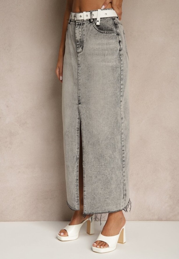 Ciemnoszara Spódnica Jeansowa o Ołówkowym Kroju Zdobiona Rozcięciem Lisovira