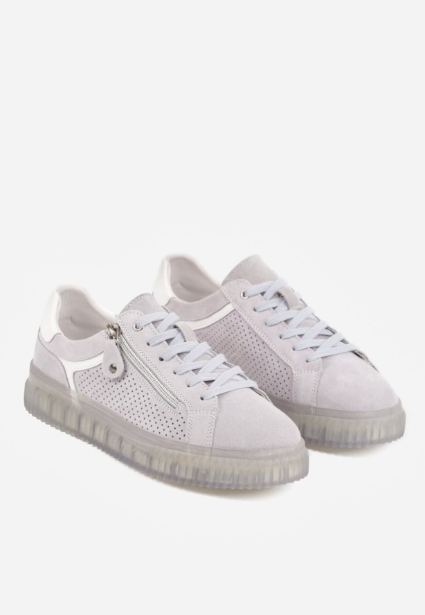 Niebieskie Sneakersy z Zamszu z Ozdobnym Suwakiem i Perforacją i Skórzaną Wkładką Sewtena