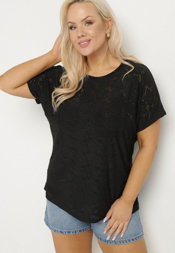 Czarna Ażurowa Bluzka z Bawełną Clavienne