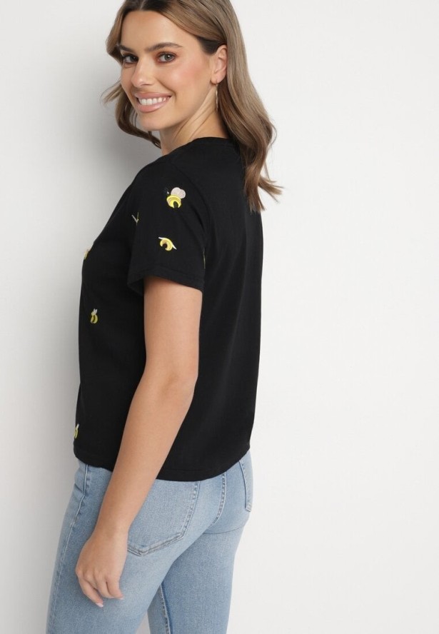 Czarny T-shirt z Bawełny Ozdobiony Haftem Hiraviel