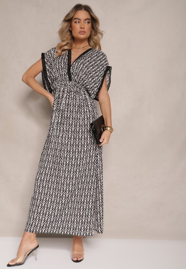 Czarno-Biała Sukienka Rozkloszowana z Bawełny Wykończona Koronką Lanadria