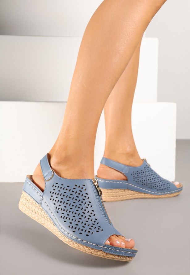 Niebieskie Sandały Vices na Koturnie z Ozdobnym Suwakiem Ovilore