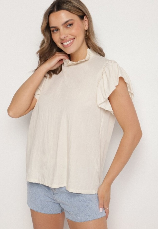 Jasnobeżowa Bluzka z Wiskozą Ozdobiona Falbankami Emoti