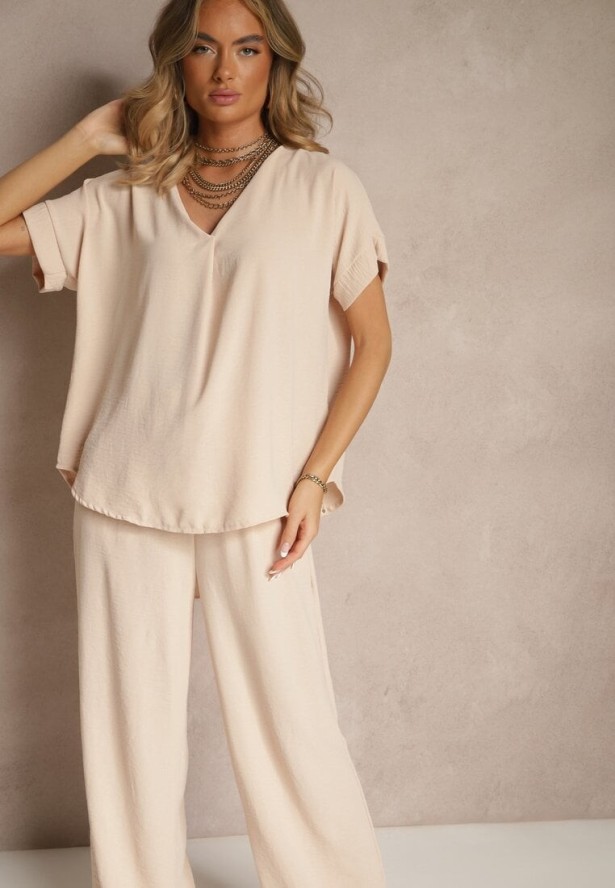 Jasnobeżowy Komplet Bluzka i Luźne Spodnie z Wiskozą i Kieszonkami Efraria
