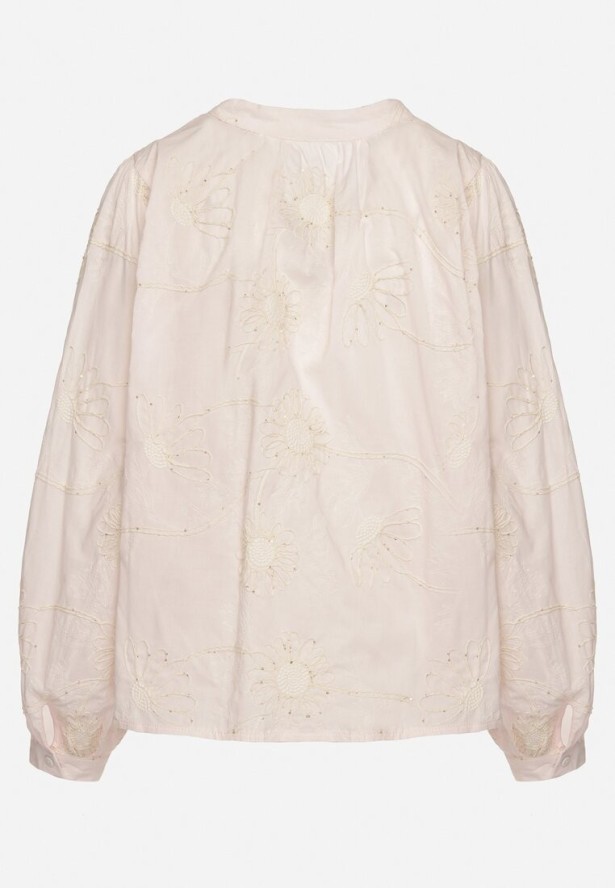 Różowa Bawełniana Koszula Zdobiona Haftem w Kwiatowy Wzór z Cekinami Gonirith