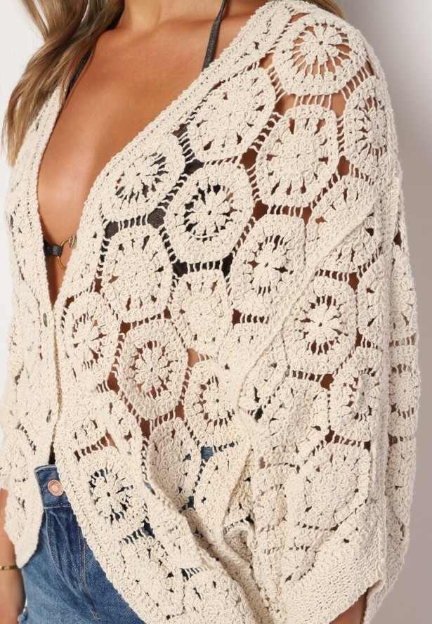 Beżowy Bawełniany Kardigan Narzutka Zapinana na Guziki Nelvitela