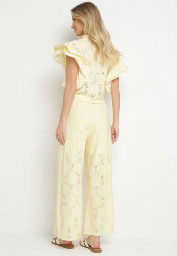 Żółty Ażurowy Komplet Koszulowa Bluzka z Wiązaniem i Szerokie Spodnie Linarisa
