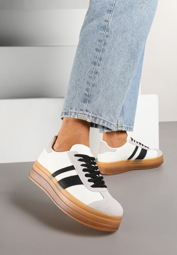 Biało-Czarne Płaskie Sneakersy Ozdobione Paskami Norili