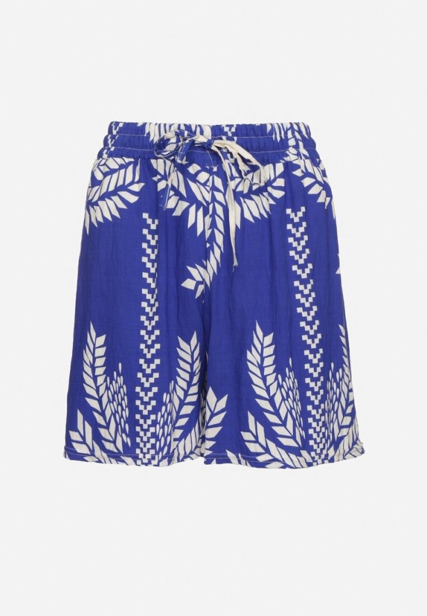 Niebieskie Szorty z Wiskozy z Gumką w Talii Zdobione Roślinnym Wzorem Savairene