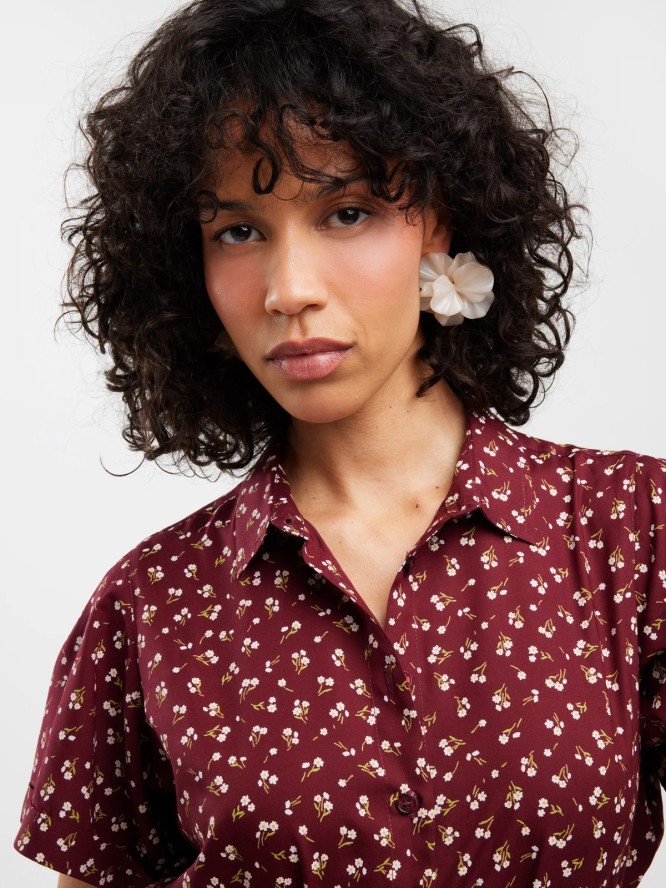 Sukienka damska midi z wiskozy z motywem kwiatowym bordowa Nahai 604