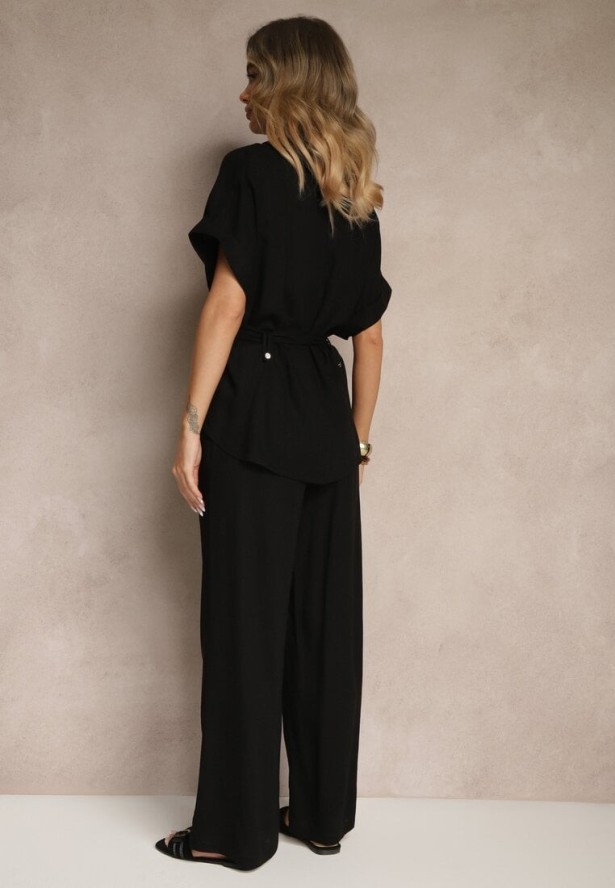 Czarny Komplet z Bawełną Spodnie i Koszula z Paskiem Rinaretea