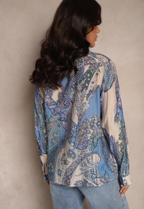 Niebieska Koszula z Wiskozą o Klasycznym Kroju w Ornamentalny Print Arasira