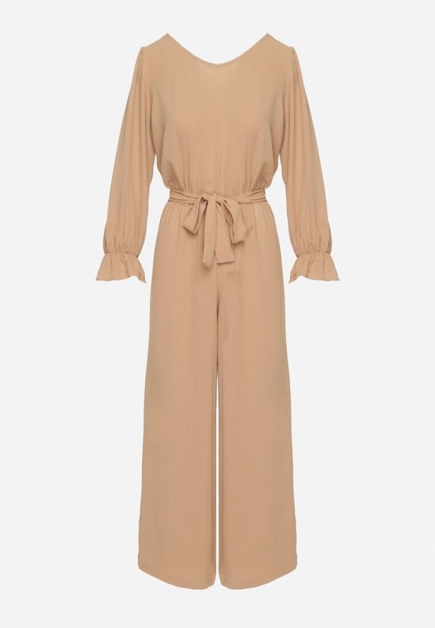 Beżowy Długi Kombinezon z Gumką w Pasie Wiązany na Plecach Kailanis