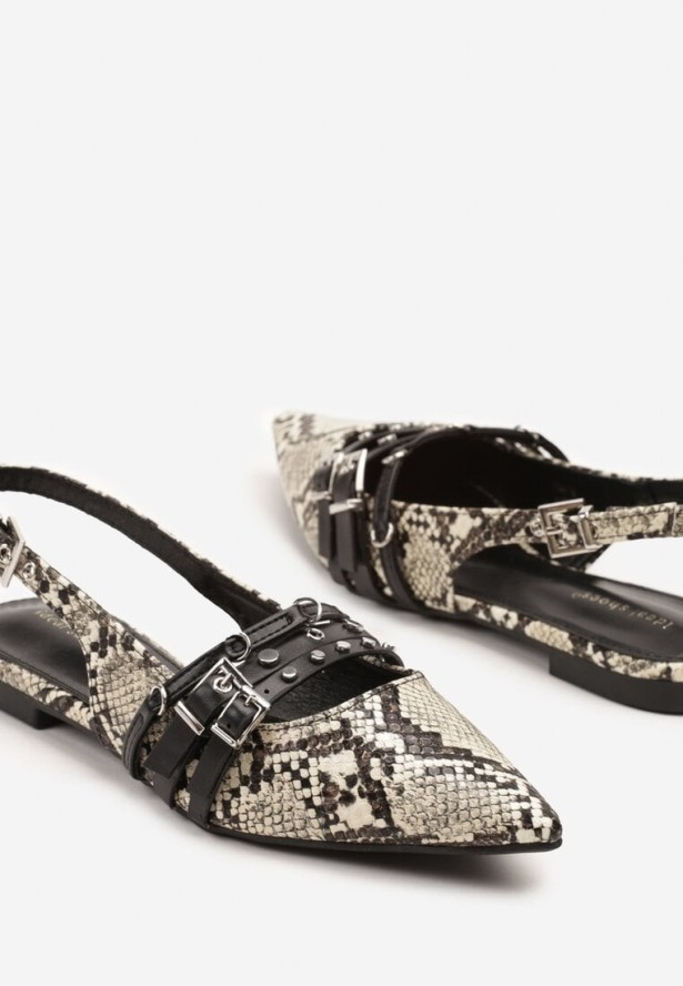 Czarno-Beżowe Wężowe Sandały z Noskiem w Szpic i Odkrytą Piętą z Paskami z Klamrami Vonaria