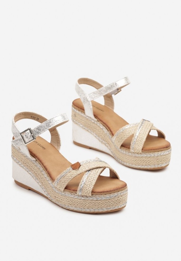Srebrne Sandały ze Wstawkami z Plecionki na Koturnie Neroliana