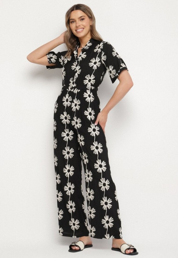 Czarny Wiskozowy Kombinezon o Koszulowym Kroju z Krótkim Rękawem i Kieszeniami Milaviela