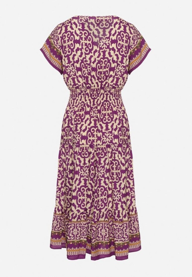 Ciemnofioletowa Bawełniana Sukienka z Gumką w Talii i Guzikami Natiflione