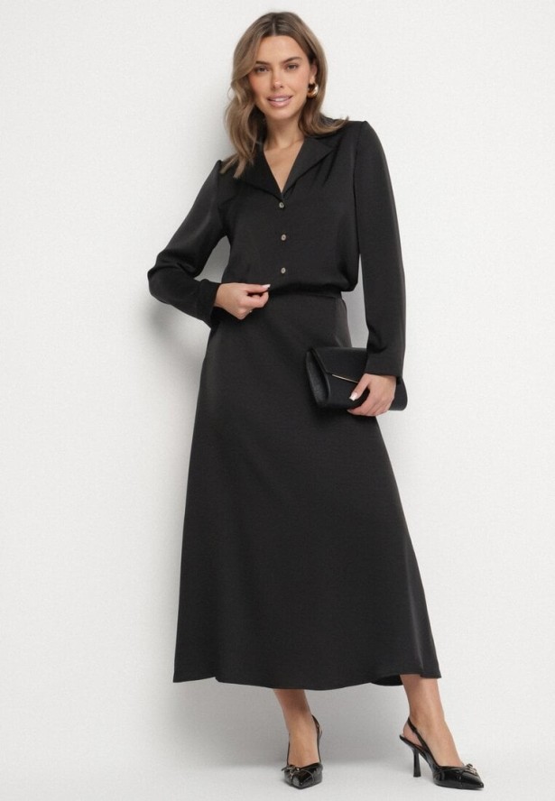 Czarna Elegancka Koszula Satynowa z Wycięciami na Dolnej Krawędzi Klirea