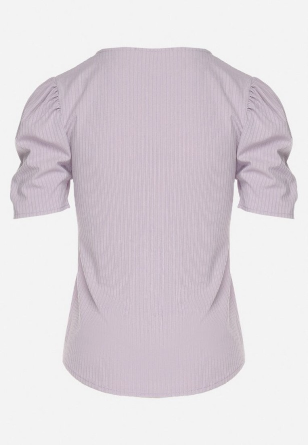 Jasnofioletowy Prążkowany T-shirt z Zakładkami przy Rękawach Kolanovia