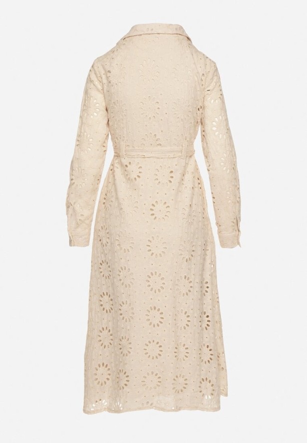 Beżowa Koszulowa Sukienka z Ażurowym Wzorem i Paskiem Tanithiea