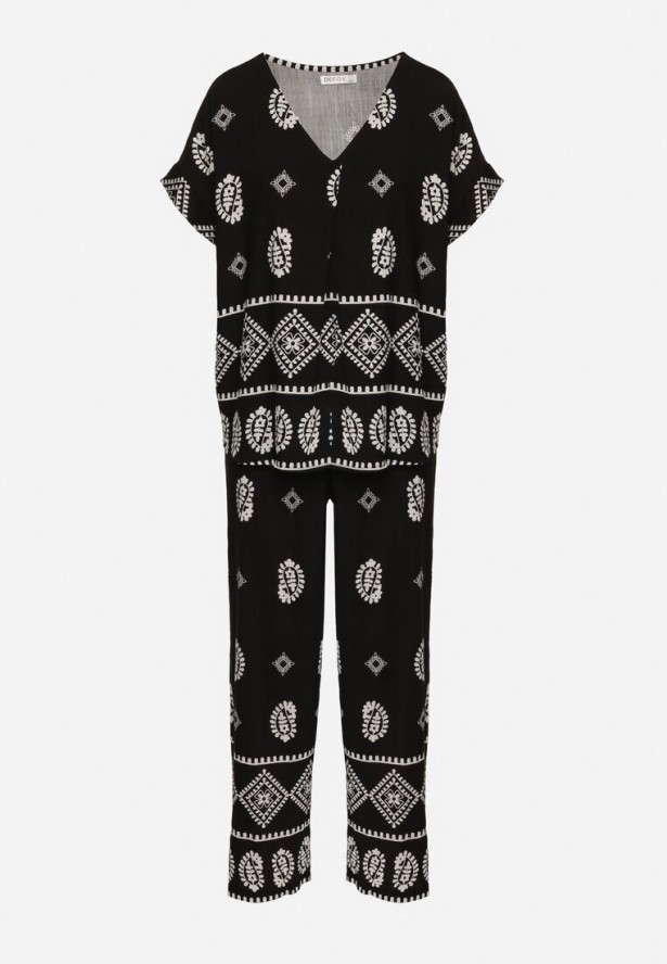 Czarny Bawełniany Komplet Koszula i Szerokie Spodnie w Stylu Boho Ollirive