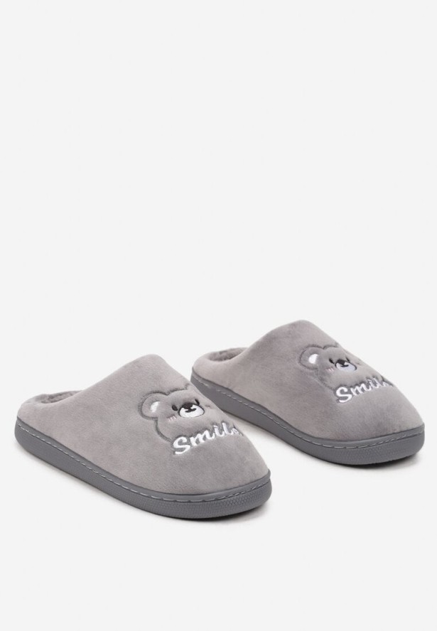 Szare Kapcie Welurowe z Ozdobną Naszywką i Futerkiem Naorita
