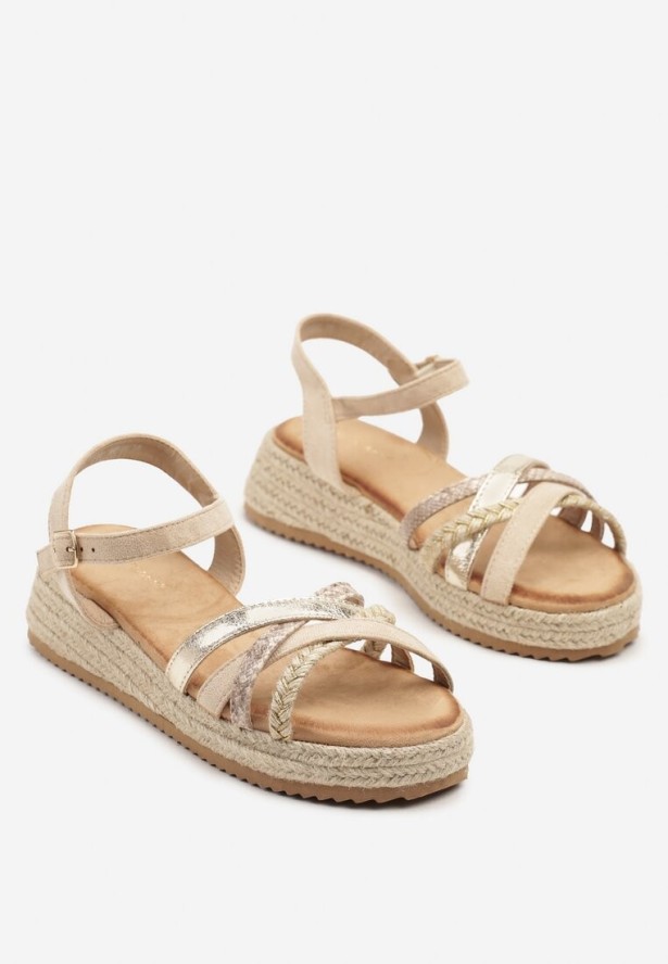 Beżowe Sandały Ozdobione Plecionką ze Sznurka Celippa