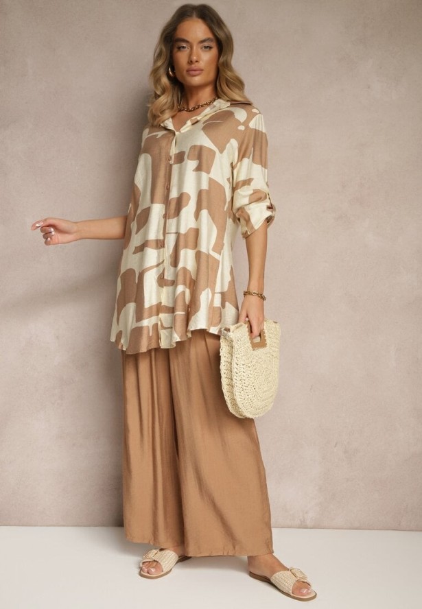 Jasnobeżowy Komplet z Wiskozą Spodnie i Koszula w Geometryczny Wzór Rinaloria