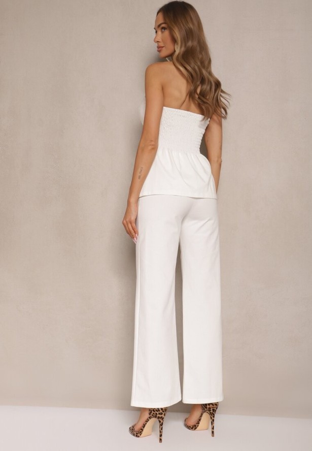 Biały Komplet Top Bandeau Zdobiony Guzikami i Spodnie o Szerokim Kroju Palarienna