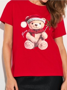 Bawełniana koszulka z nadrukiem świątecznym - czerwony