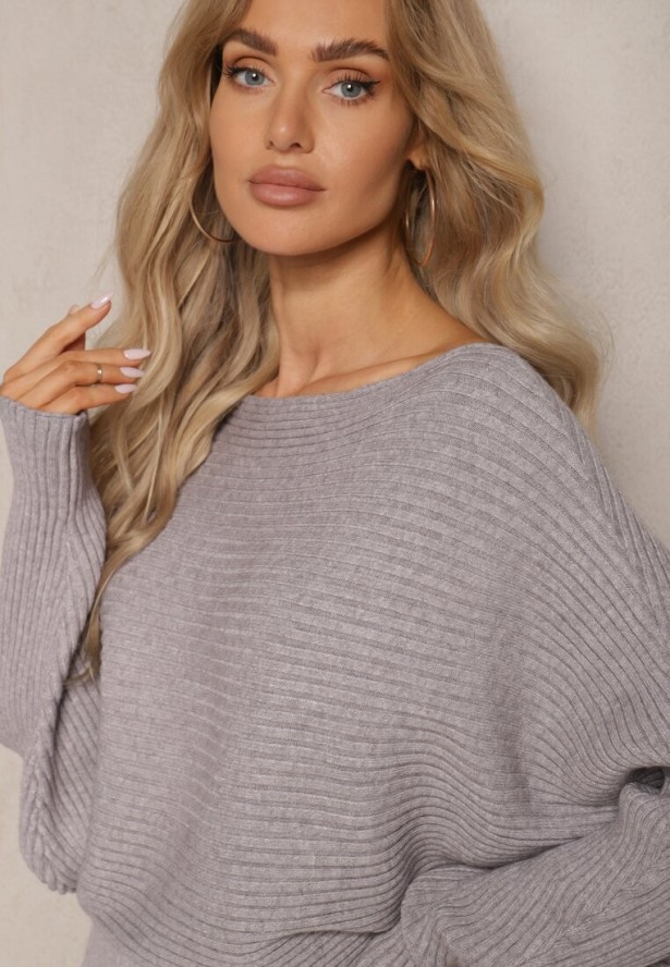 Szary Komplet z Wiskozą w Prążki Spódnica z Gumką w Pasie i Góra o Kroju Nietoperza Korttisa