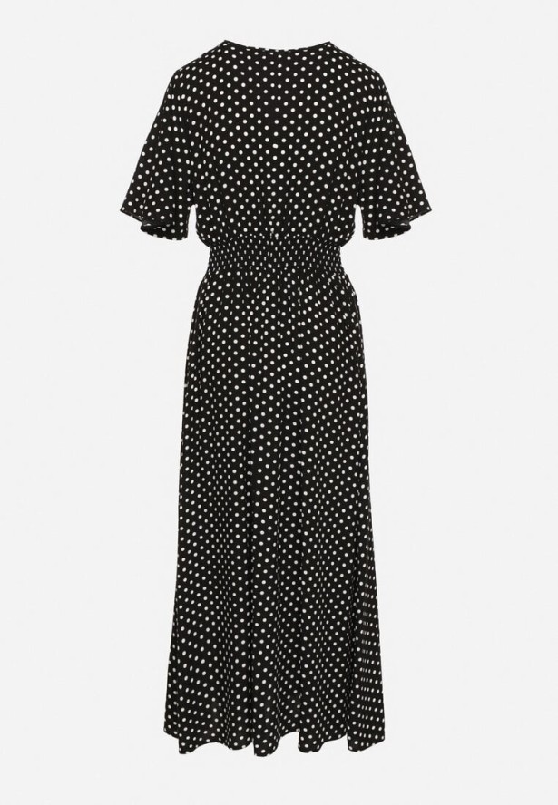 Czarna Kopertowa Sukienka z Bawełną w Kropki Ldivila