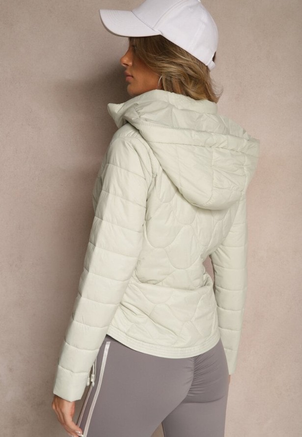 Jasnozielona Kurtka z Zaznaczoną Talią i Kapturem w Ozdobne Pikowanie Afla