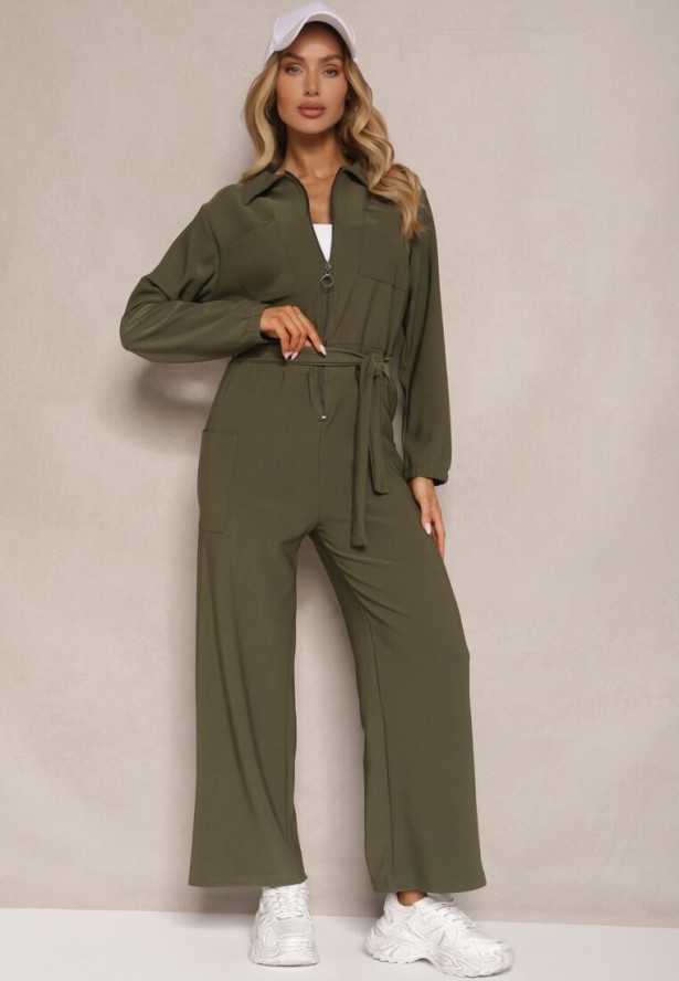 Zielony Kombinezon z Elastyczną Gumką w Pasie z Dodatkowym Wiązaniem o Luźnym Kroju Creera