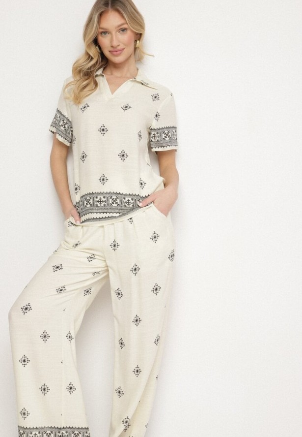 Jasnobeżowy Komplet z Wiskozy Bluzka z Krótkim Rękawem i Szerokie Spodnie Janavielle