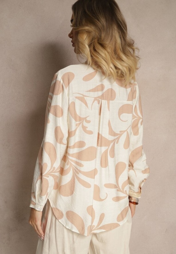 Jasnobeżowa Wiskozowa Bluzka o Koszulowym Kroju z Dekoltem w Serek w Roślinny Print Kolaniria