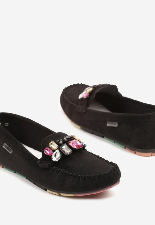 Czarne Mokasyny z Wkładką ze Skóry Naturalnej i Cyrkoniami Zimora